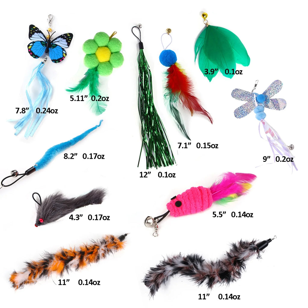 11-Piece Cat Feather Toy Set with Various Styles, Replacement Feather Refills with Bells for Interactive Play and Exercise for Cats and Kittens